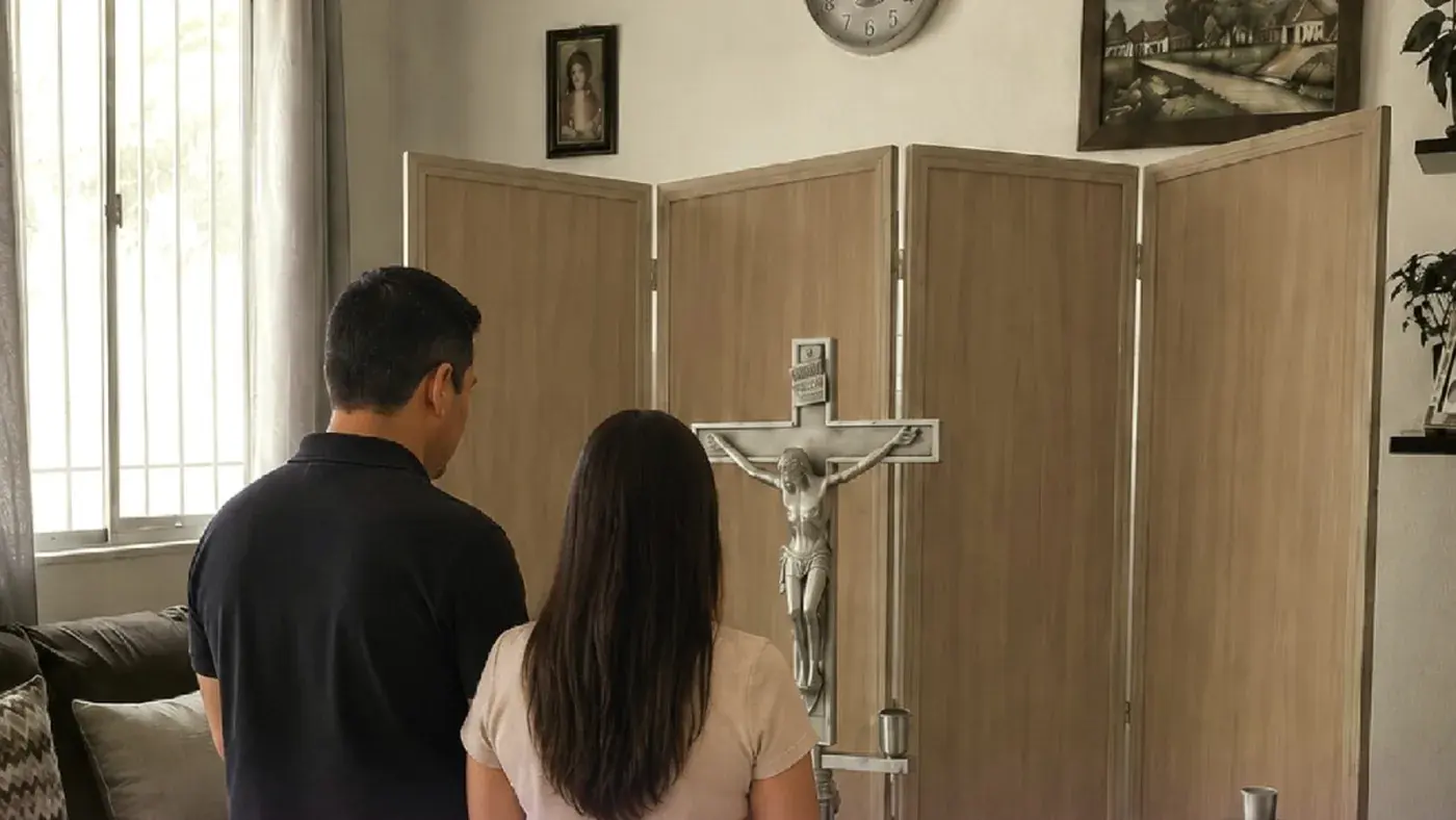 Familia acompañando a su ser querido en una velación montada en su hogar